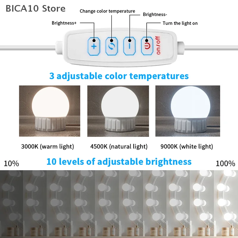 Lampadine a LED staccabili Lampada per specchio per trucco Alimentazione USB Luce per specchio cosmetico Illuminazione da tavolo Luci per trucco a LED dimmerabili