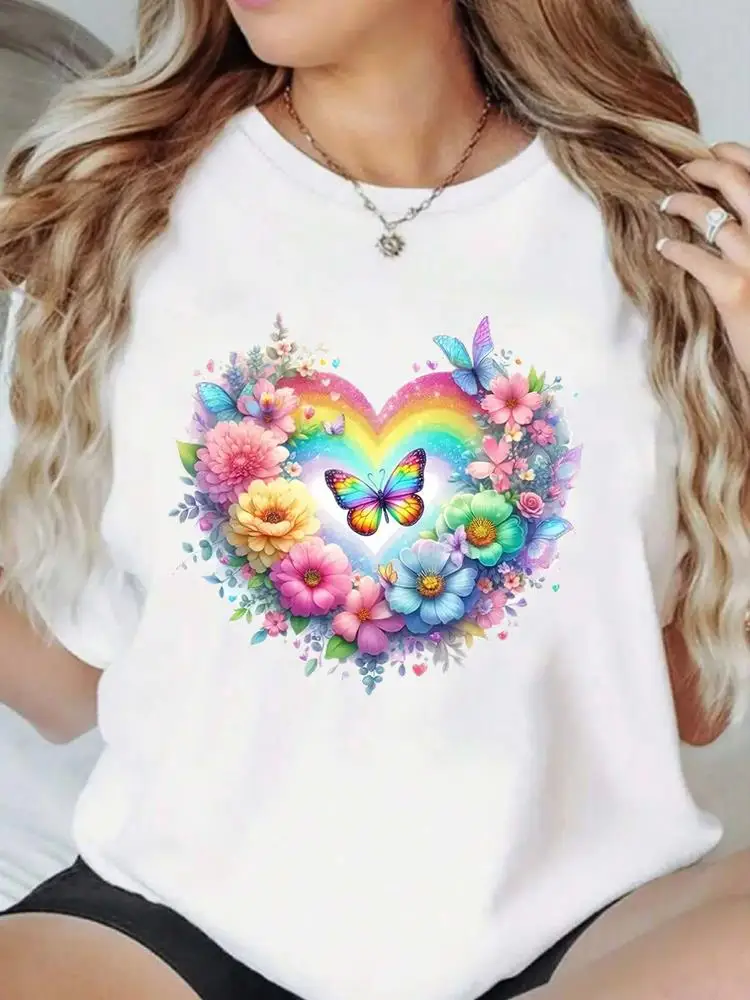 T-shirt a maniche corte Popolare Casual Donna T-shirt grafiche Moda Amore Tendenza Fiore Abiti carini Stampa T-shirt con o-collo