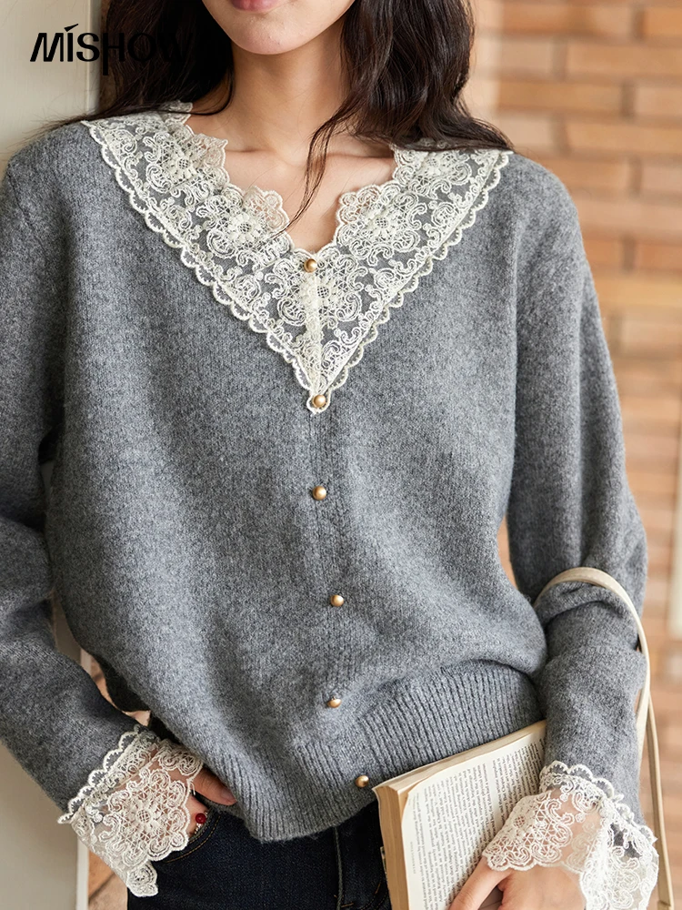 MISHOW Lace Knitted Sweater Wool Blend Spliced Metal Buttons V-Neck Pullovers Temperament Sweets Warm Outerwears Tops MXD58Z1126