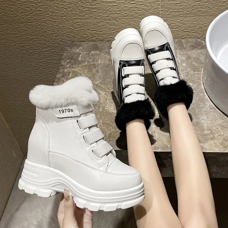 Women\'s Fur Snow Boots Winter Thick Bottom Short Boots Heels Round Toe Warm Plush Platform Boots Fashion Causal Ankle Boots