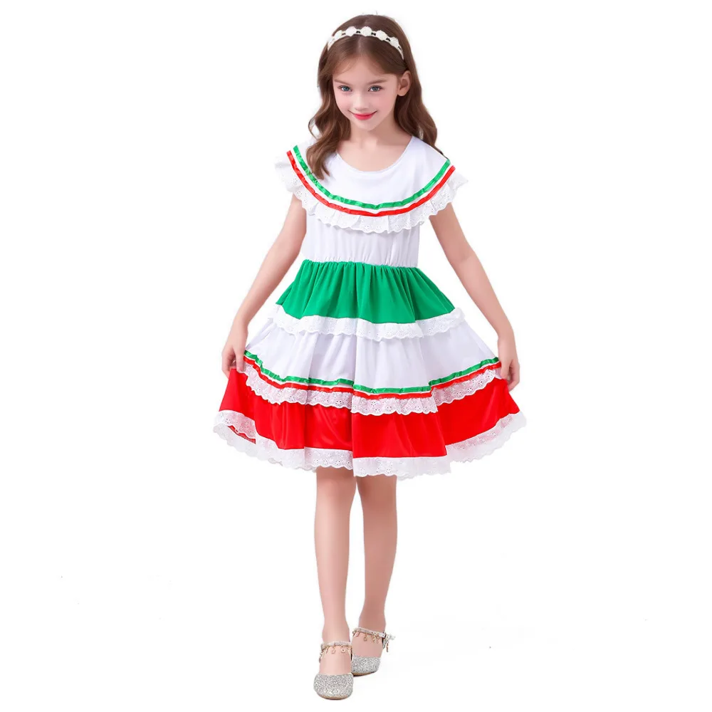 Costume cosplay per ragazze tradizionali messicane per bambini, vestito operato bianco, per bambini, Cinco De Mayo, carnevale, festa di Halloween