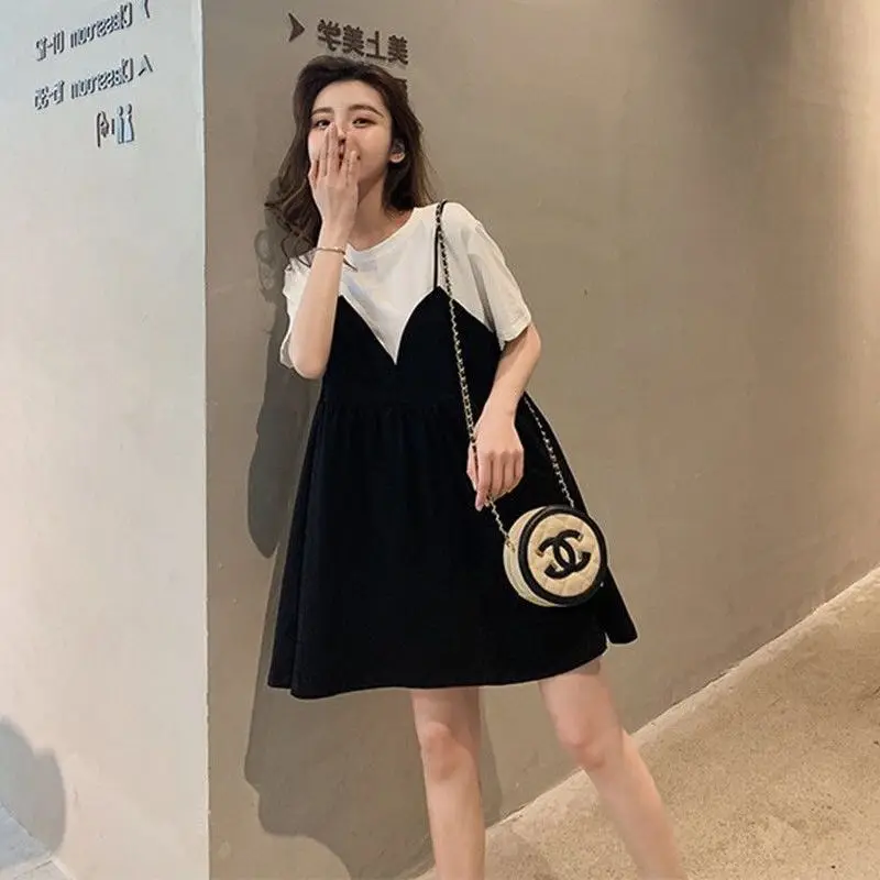 Fake Two Piece Dress Summer Short Sleeve Loose All-match Contrast Patchwork Casual T Shirt Dress Vintage Fashion Women Clothing