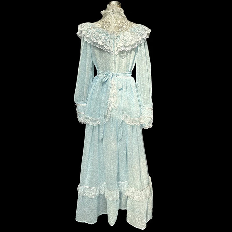 AnXin SH host blue chiffon ruffles high neck white flower lace crystal handmade long sleeve zipper customized evening dress