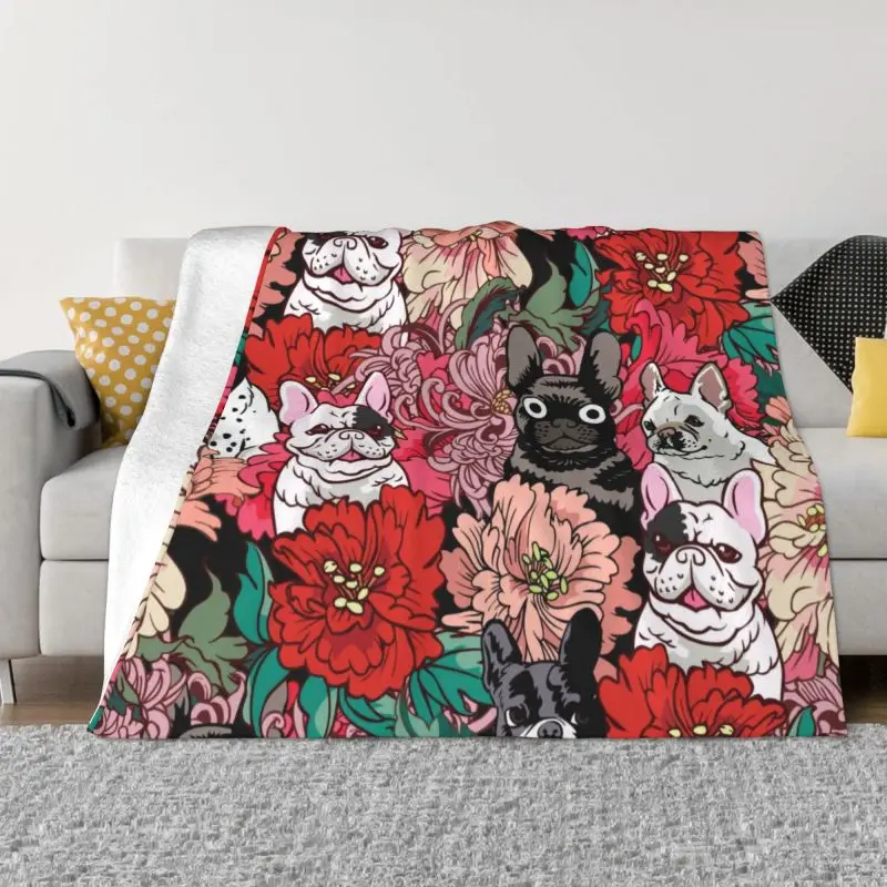 French Bulldog   Flowers Blanket Warm Fleece Soft Flannel Frenchie Dog Lover Throw Blankets for Bed Couch Car Spring