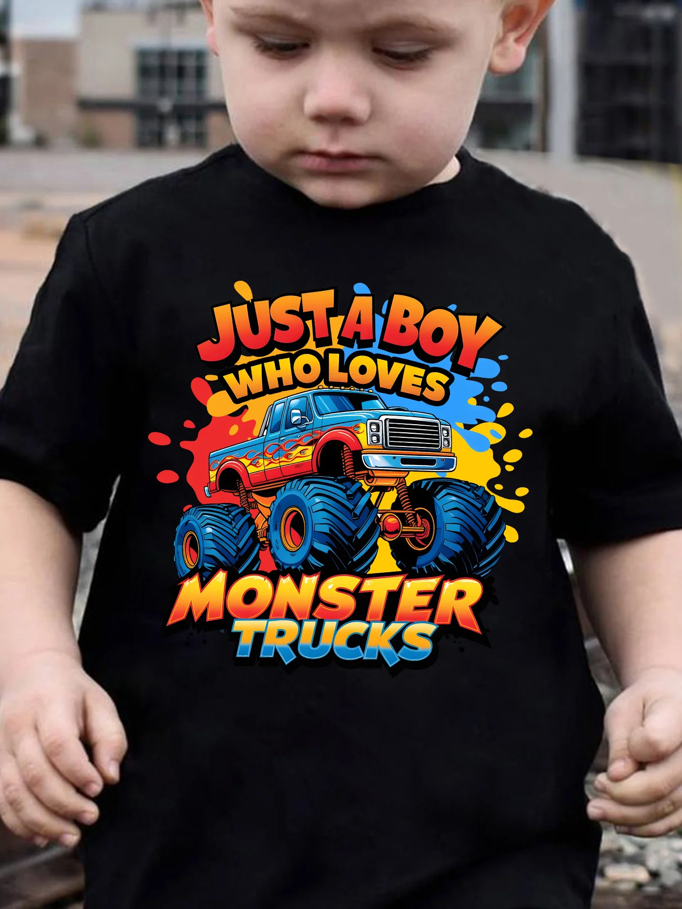 Kids Boys Girls Family Matching T Shirt Just A Boy Who Loves Monster Trucks Graphic Print Short Sleeve Tee Casual Parent Tops