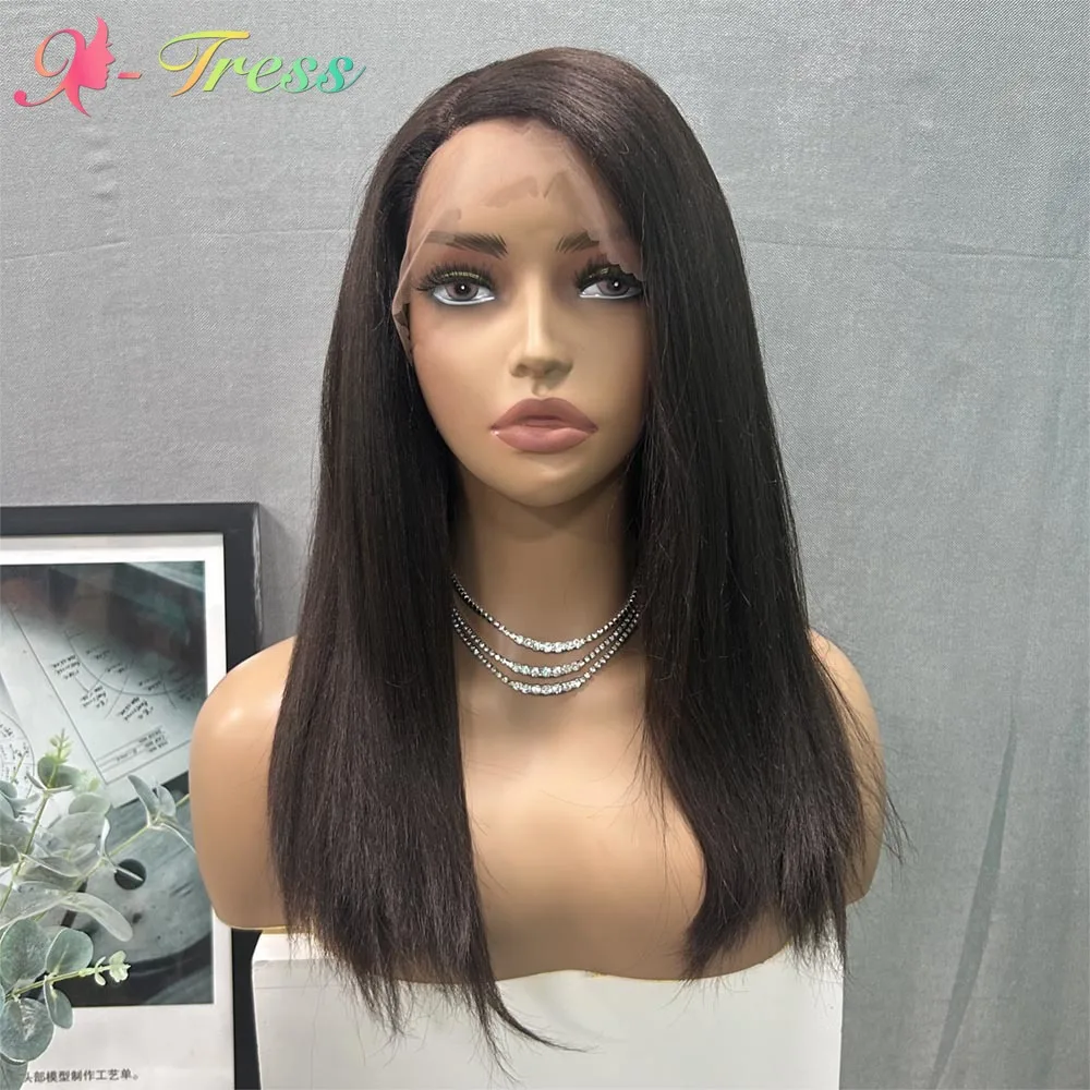 

X-TRESS Lace Front Synthetic Wigs Brown Color for Black Women Daily Use 18Inch L Part Dark Brown Lace Frontal Hair Average Size