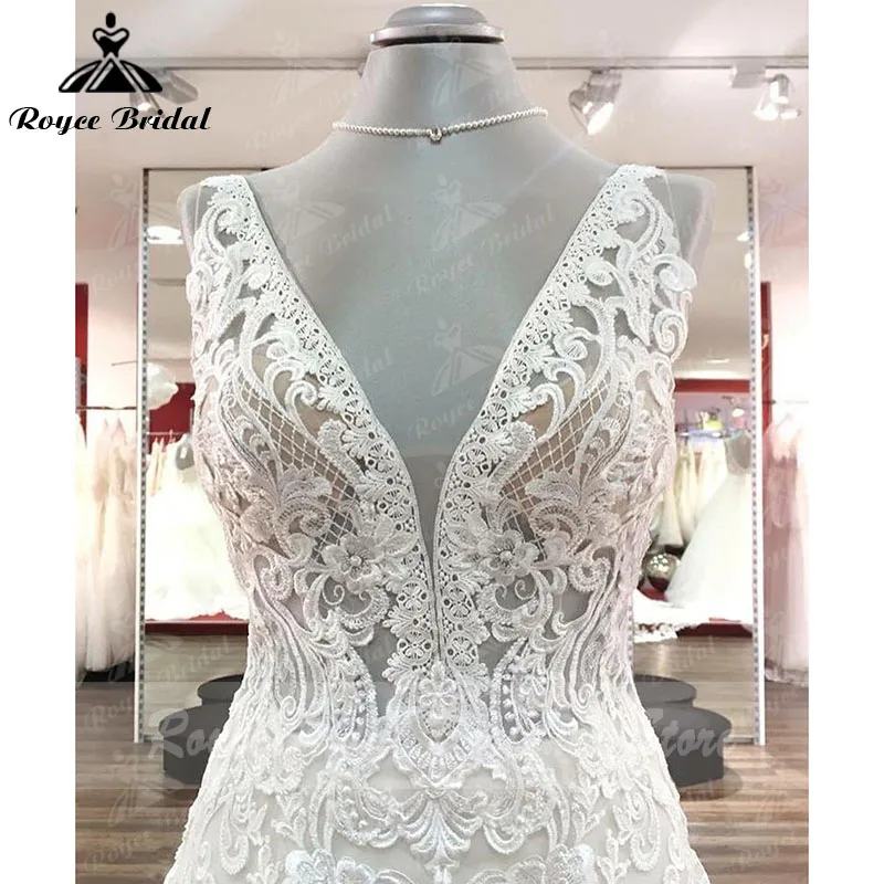 Vestido de casamento com decote em v renda applique sem mangas aberto voltar boho vestido de noiva vestido de noiva