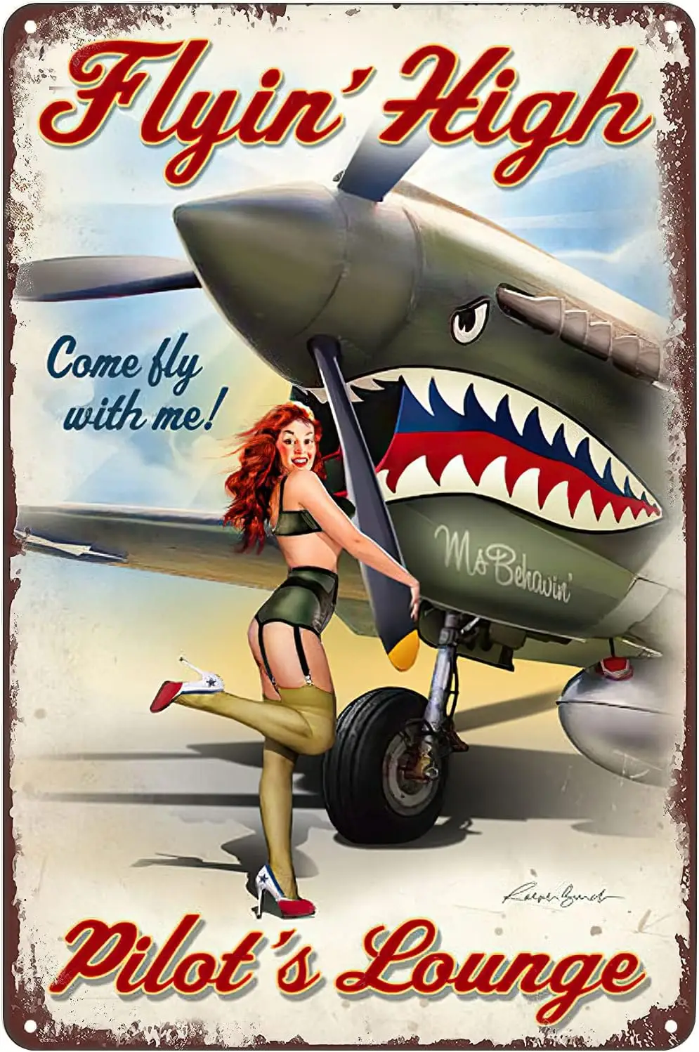 Vintage Metal Tin Sign Pin Up Girl Flying High Pilot's Lounge Military Poster Wall Art Plaque Decor for Home Bar Pub Cafe Cl