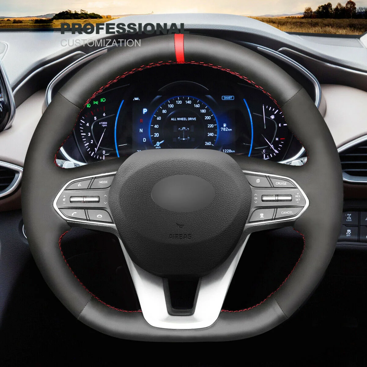 Black Leather Suede Steering Wheel Cover For Hyundai Santa Fe Palisade Car Interior Accessories