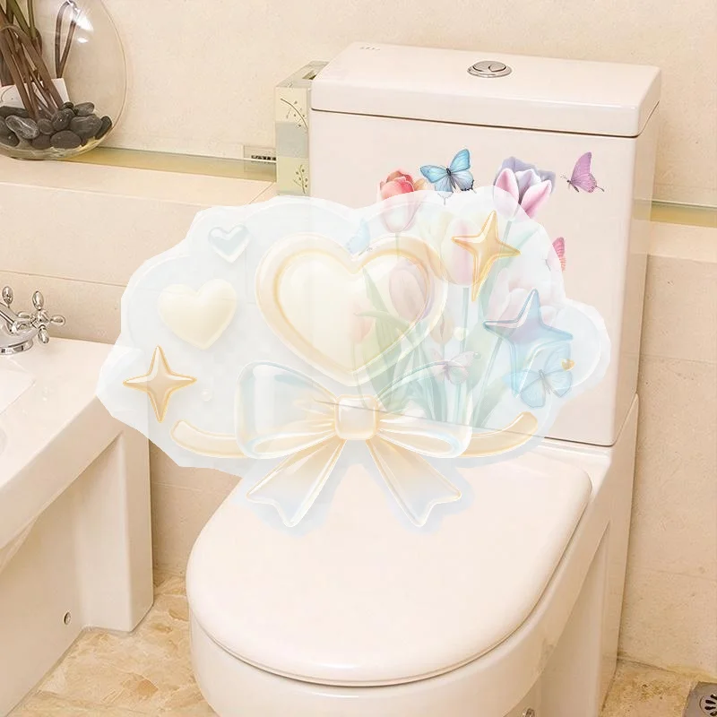 Waterproof Toilet Sticker Watercolor Tulip Butterfly Pattern Easy Apply Removable Decal for Home Bathroom Renovation