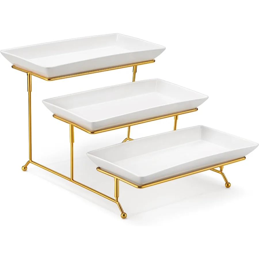 

3 Tier Serving Trays for Party 12 Inch Porcelain White Trays for Serving Food Dessert Stand with Collapsible Gold Metal Rack Id