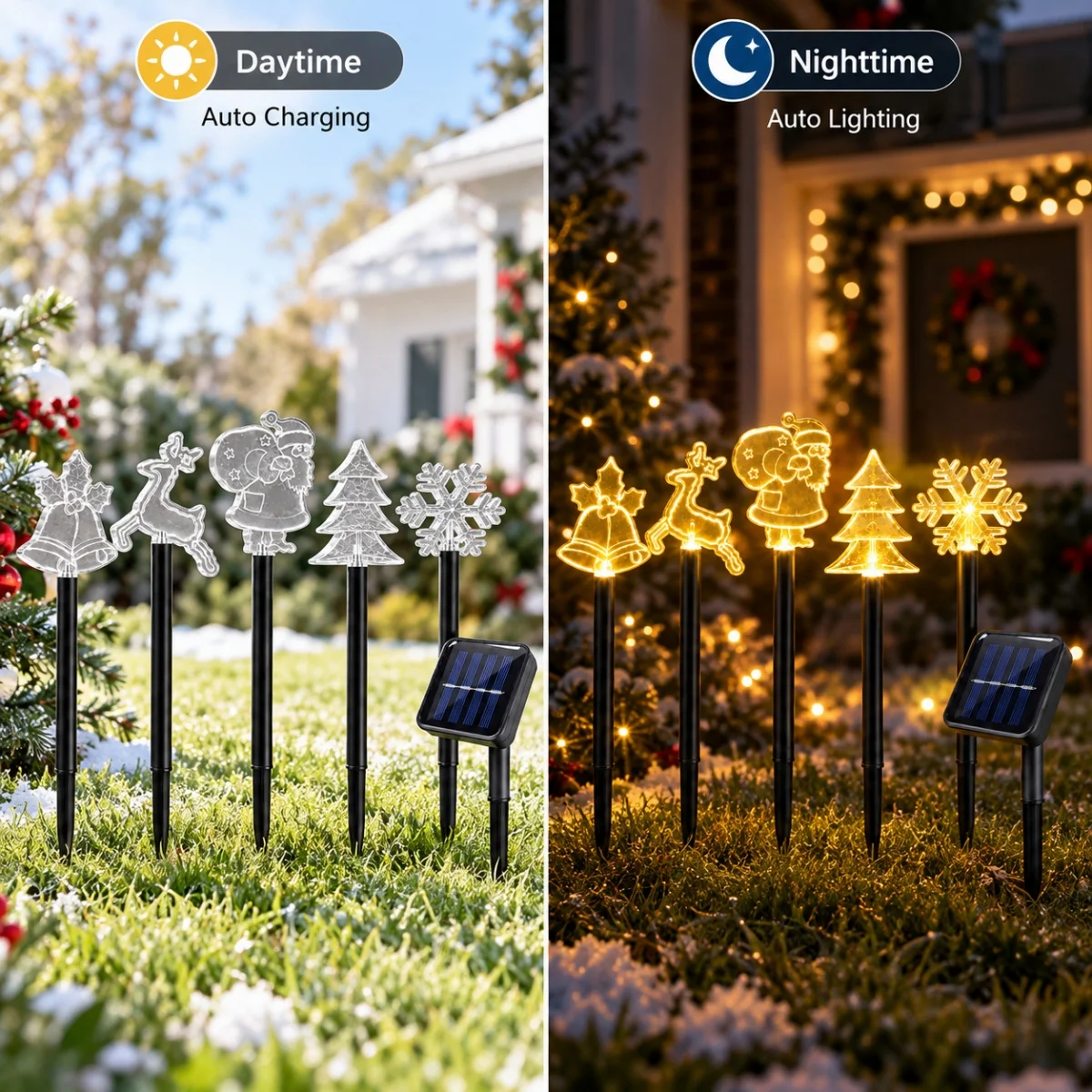 5Pack/set Solar Christmas Stake Lights Xmas Pathway Lamp with Bell Reindeer Santa Claus Tree Snowflake for Festival Decoration ﻿