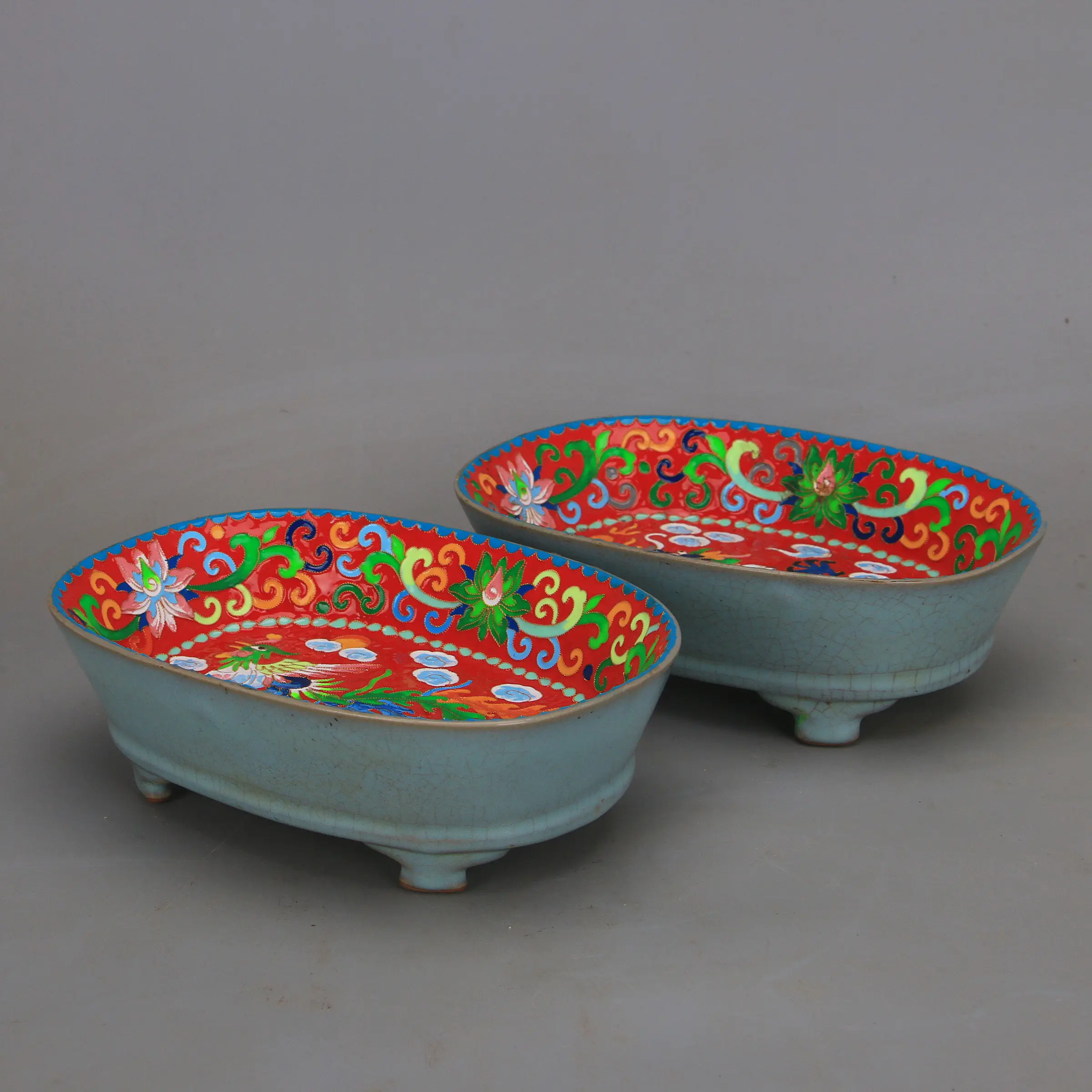 Antique Song Ru Style Cloisonne Dragon Pattern Narcissus Basin Pair Chinese Porcelain Home Decor Collectible