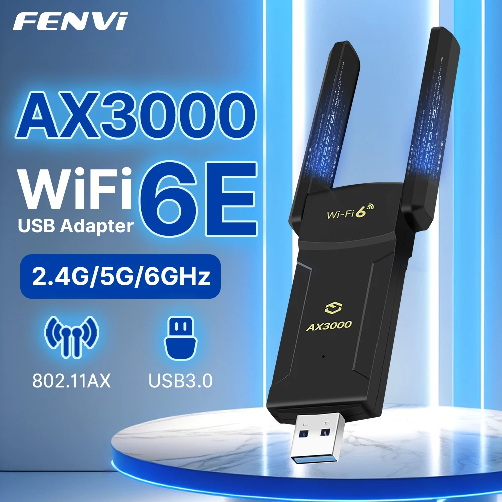 FENVI WiFi6E AX3000 USB Adapter 3000Mbps Tri Band 2.4G/5G/6GHz 802.11AX WiFi6 Network Card Wireless Receiver Dongle For Win10/11