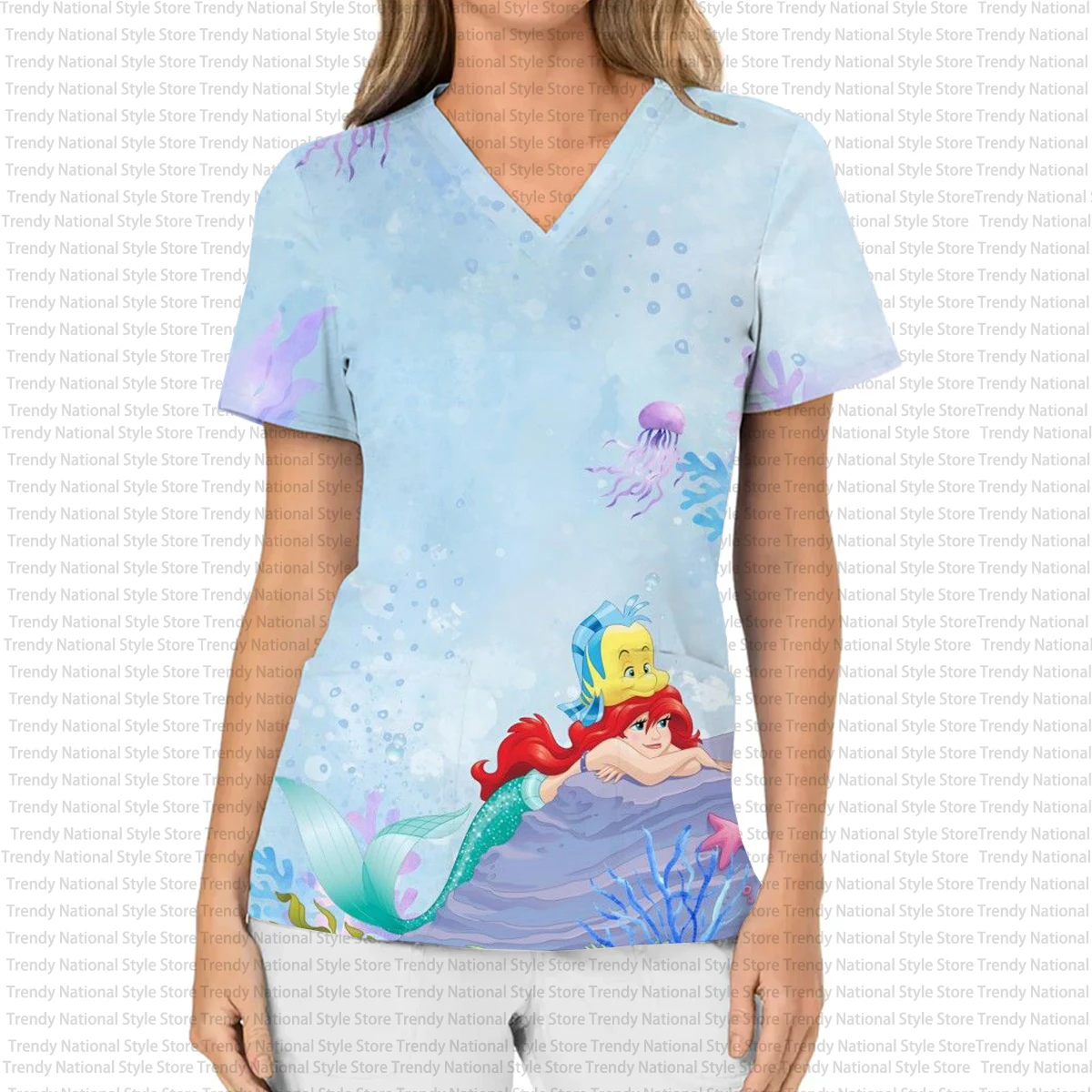 Disney Sirenetta Principessa Alice T-shirt da donna per negozio di animali ospedaliero da donna Uniforme da infermiera stampata Top opaco per allattamento