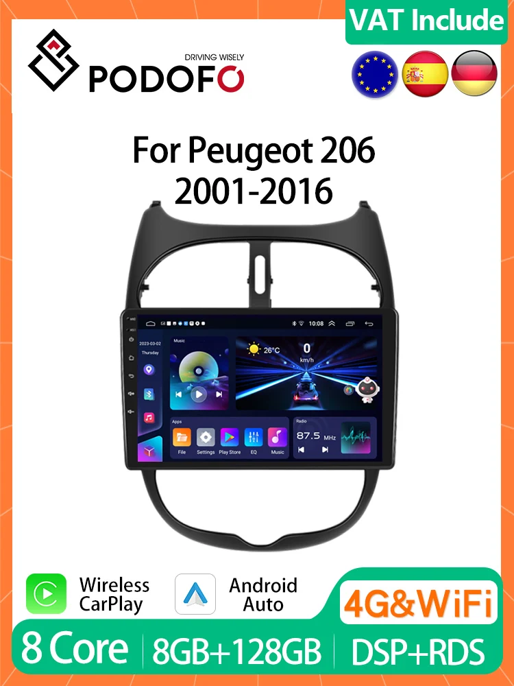Podofo 9 "Autoradio Draadloze CarPlay Android Radio Voor Peugeot 206 206CC Citroen C2 2002-2010 Multimedia GPS Ontvanger Autoradio - afbeelding 2