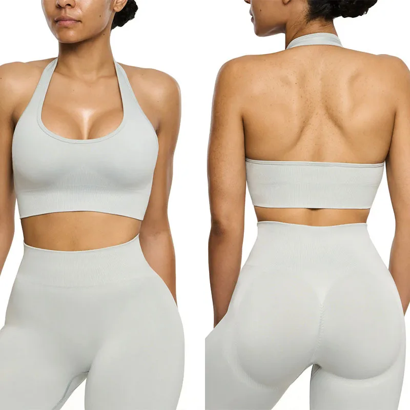 INS seamless sports yoga suit set with hanging neck, backless bra, women's suspender, sports hip lifting shorts