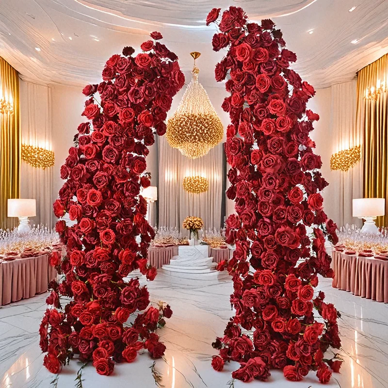 

Red Artificial Rose Horn Flower Arrangement Wedding Arch Background Hotel Hall Event Silk Flower Banquet Ceremony Decor