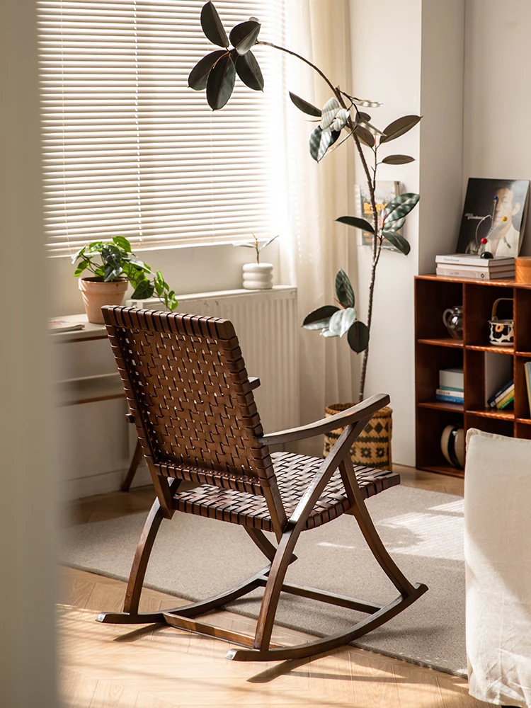 كرسي هزاز من الخشب الصلب للمنزل ، كرسي بذراعين من جلد البقر الساج ، غرفة معيشة ، صالة ، شرفة ، منزل #4