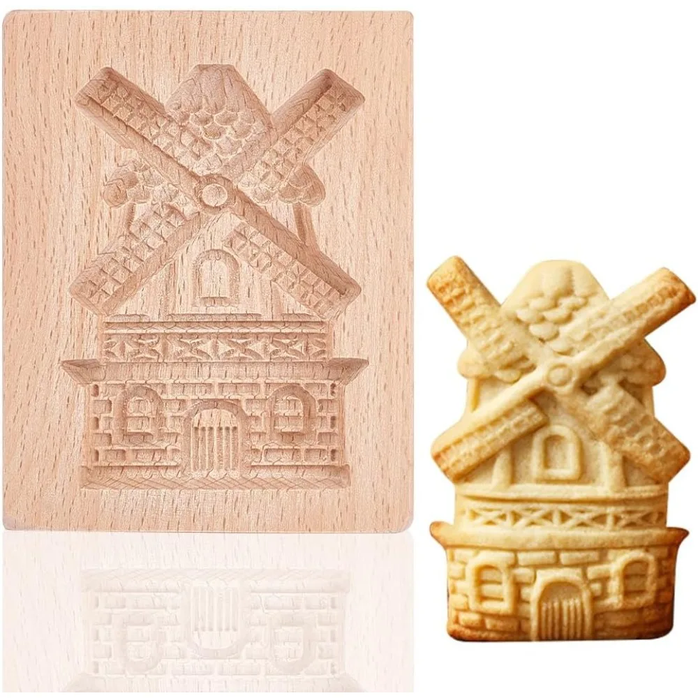 1 Pcs Carved Wooden Windmills Cookie Mold, Kitchen Wooden Cookie Cutter 3D Biscuit Press Stamp Molds Gingerbread Cookie