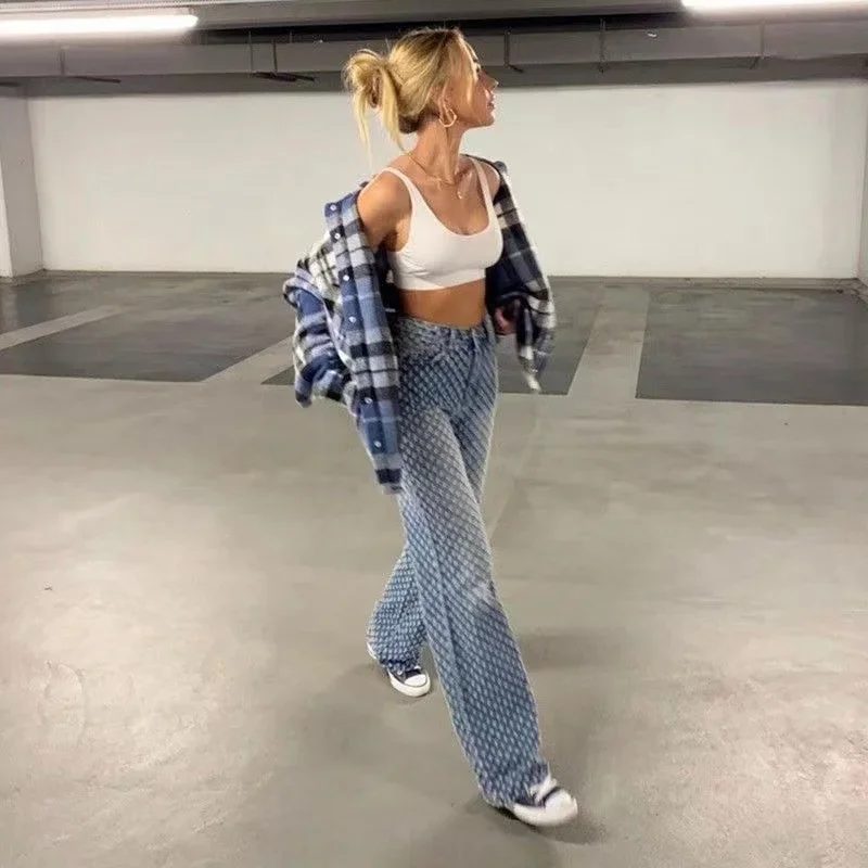 blue High Street Ripped Jeans Women High Waisted Vintage Straight Leg Pants Womens Soft Denim Hole Streetwear Y2k Jean Mom