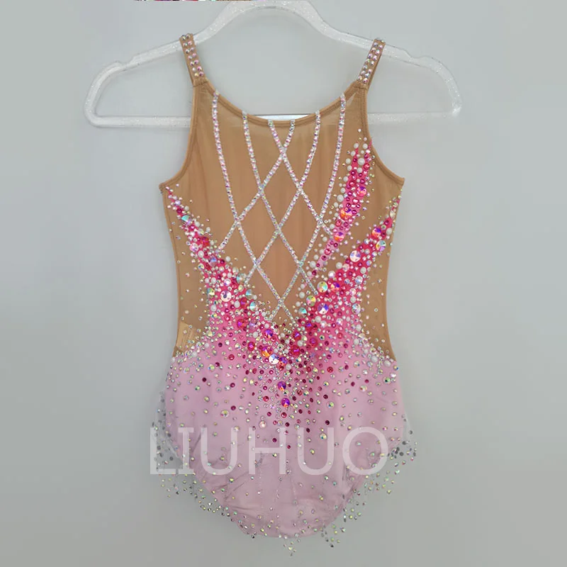 Red Simulation Flower Rhythmic Gymnastics Leotards Blue Flash Diamond Girls Competition Performance