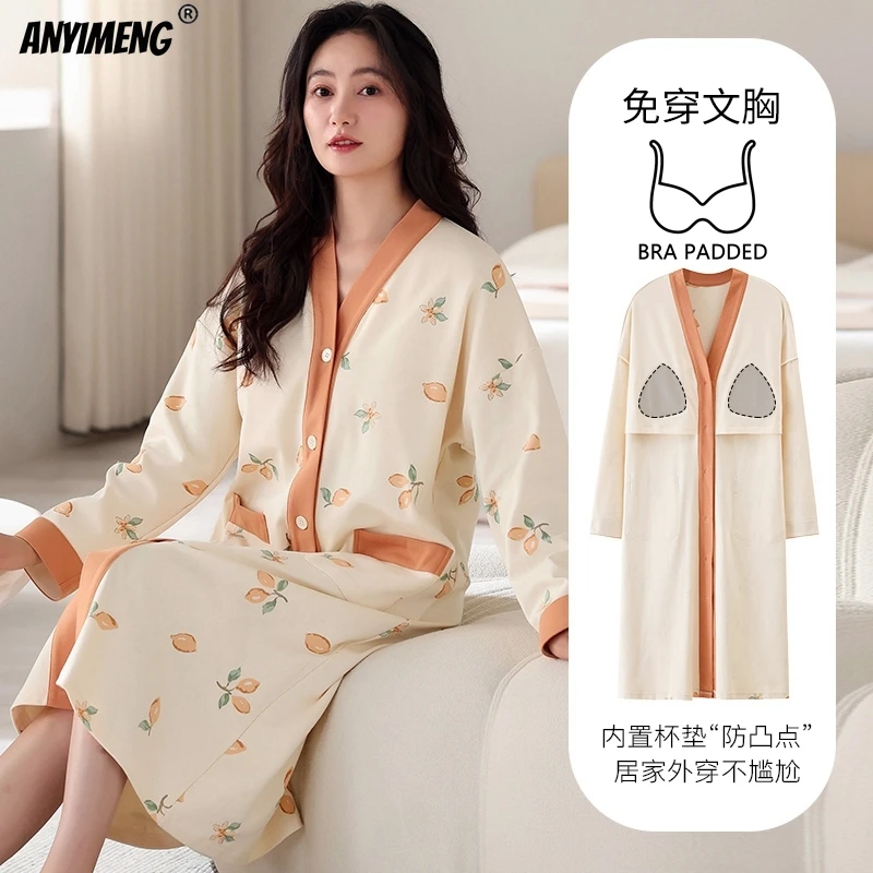 M-5XL Plus Size Cotton Nightgowns Autumn Winter Women Long Sleeves Nightgown V-neck Bra Padded Sleepshirts Casual Nightdress