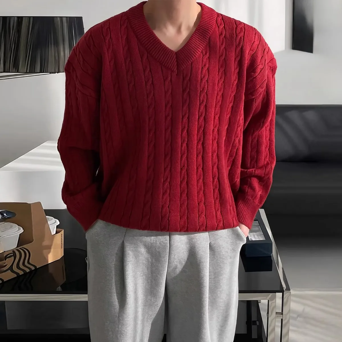 Retro Trendy Men's Knitted Sweater Loose Fit round Neck Twist Red Color Autumn Winter Casual Versatile Couple's Sweater