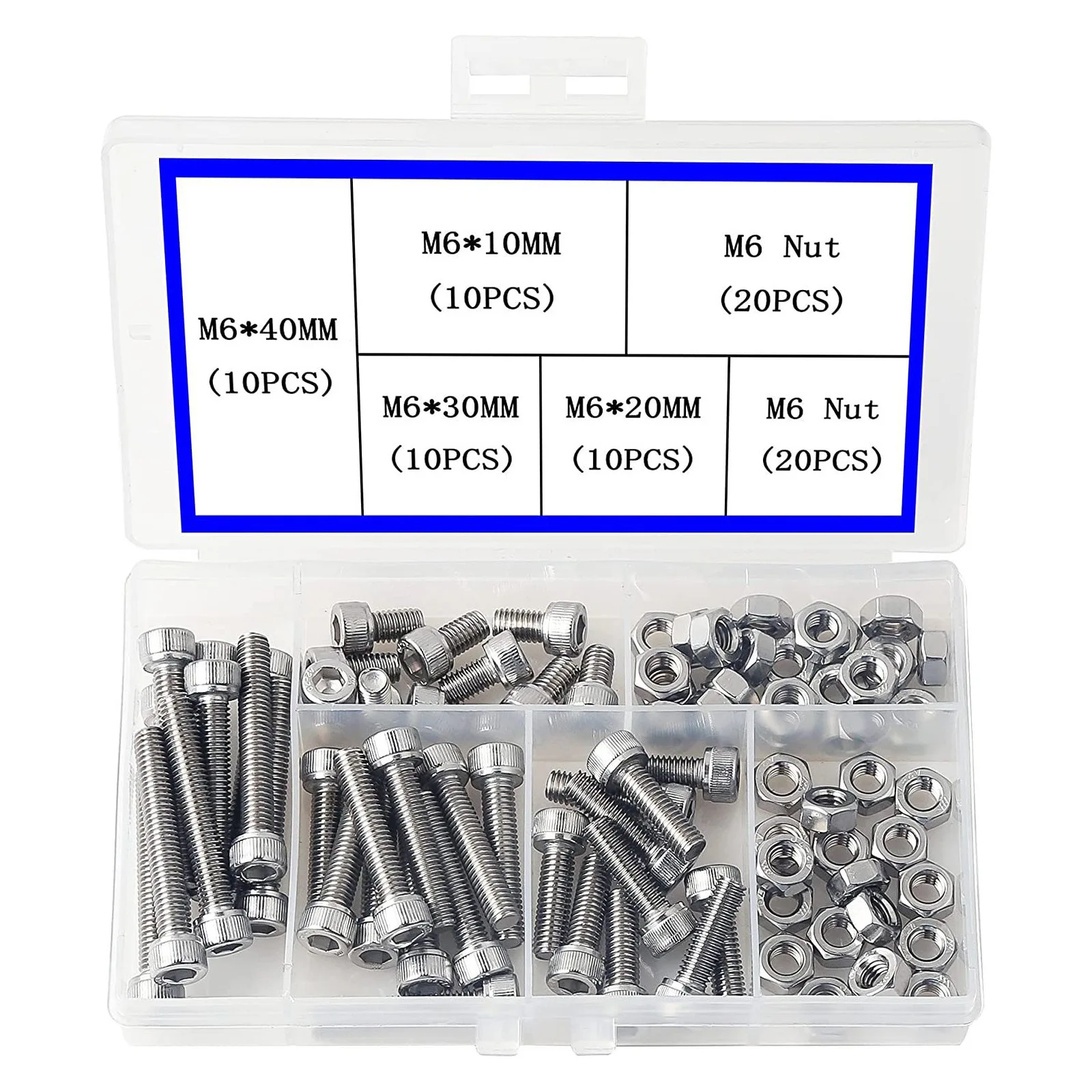 80PCS M6 Screws Assortment Kit, 304 Stainless Steel Hex Socket Head Cap Screws Bolts Nuts Set, M6 X 10/20/30/40 for 3D Printer