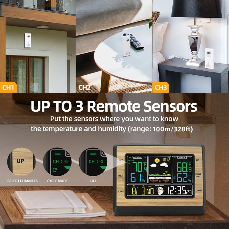 สถานีอากาศไร้สายหน้าจอสี 6 นิ้วเครื่องวัดความชื้นอุณหภูมิแบบดิจิตอลสถานีพยากรณ์อากาศพร้อมเซนเซอร์