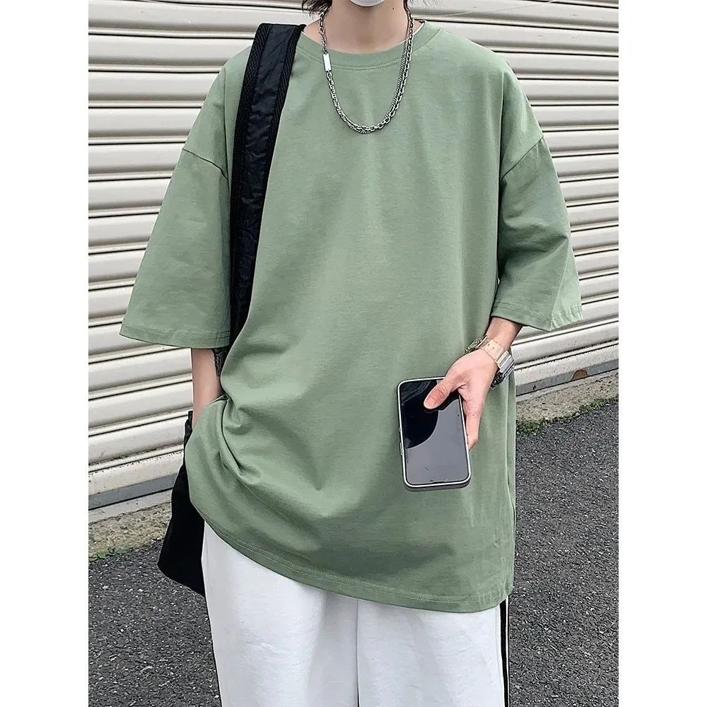 Unisex Korean Style Oversized T-Shirt 220G Cotton Summer Men Women Special Wide Fit Fleece Lined Thickened Nine Sleeve  C...