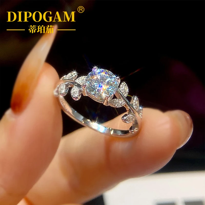 

DIPOGAM GRA Certified Real Moissanite Diamond Leaf Round Ring for Women Daily Anniversary Real 925 Sterling Silver Fine Jewelry