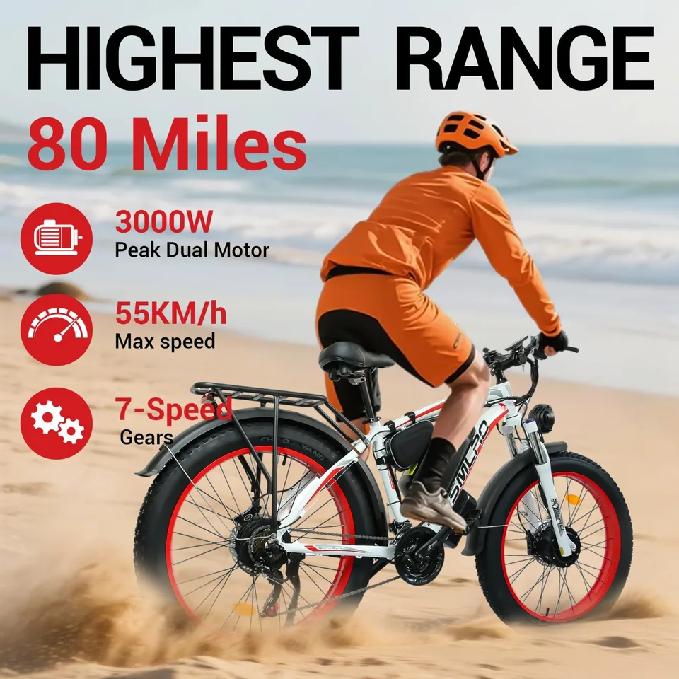 26" Electric Bike 3000W Peak E-Bike 52V 30AH Bicycle 55KM/h FatTyre Dual Motor image 5