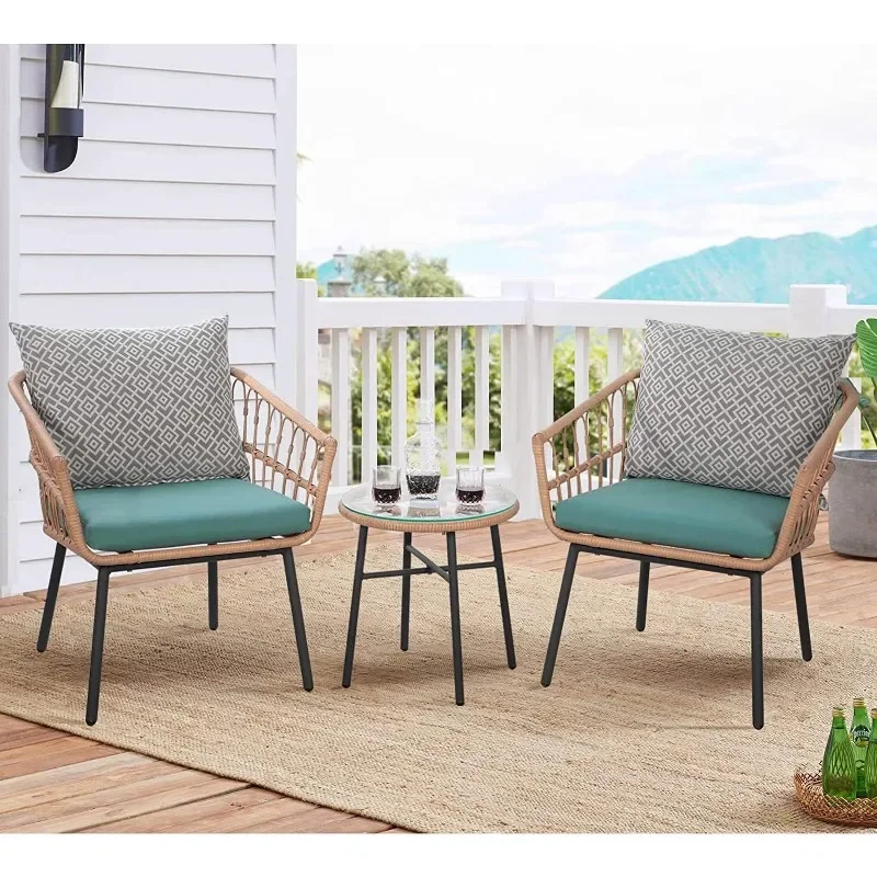 

3 Piece Patio Bistro Set Outdoor Furniture All-Weather Wicker Conversation Set with Tempered Coffee Table and Wicker