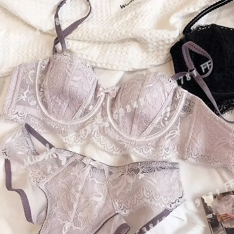 Sexy French Lace Embroidery Lingerie Set Women 1/2 Thin Cup Push Up Bra Detachable Strap Anti-slip Lavender Brassiere and