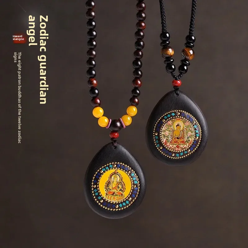 

Zodiac Horse Guardian Buddha Pendant Sandalwood Inlaid Amulet Birth Year Necklace Woolen Chain Peace Hanging Lucky Ins Ornaments