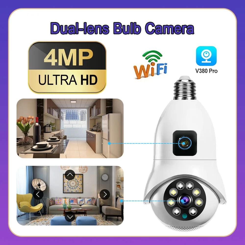 

4MP WIFI Camera 1080P Dual Lens E27 Bulb Camera Motion Detection 4K PTZ Security Surveillance IP Security V380 Pro CCTV Camera