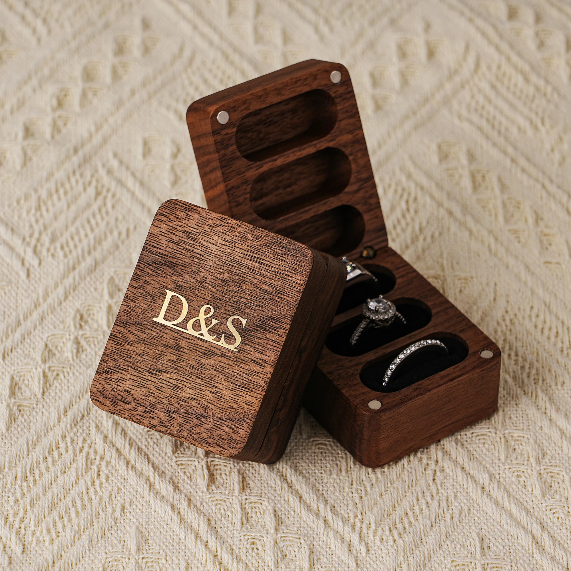 Custom Brass Inlay Triple Ring Box, Wooden Ring Box with Custom Metal Inlay,Handmade Walnut Ring Bearer,Engagement Ring Box,Wedd
