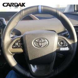 Full Black Leather Blue Marker Car Steering Wheel Cover for Toyota Prius IV Prius Prime Mirai 2015-2024