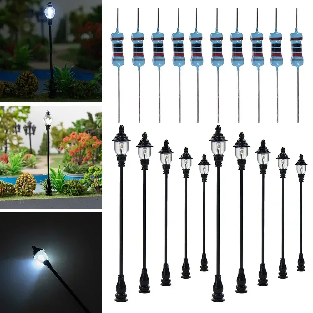 10 pçs modelo trem ferroviário oo/ho escala postes da lâmpada led luz de rua artificial decoração em miniatura edifício paisagem