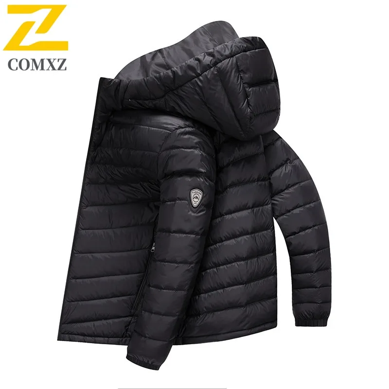 COMXZ 2025 Mens Winter Hooded Puffer Jacket Casual Outdoor Sport Waterproof Windproof Lightweight solid color Warm Windbreaker