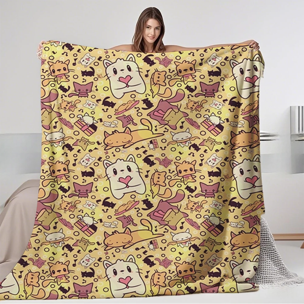 

Floral Comfort Flannel Soft Blanket Kawaii Cat Pattern Yellow Bed Scarf Reversible Blanket With Machine-washable Eco-friendly