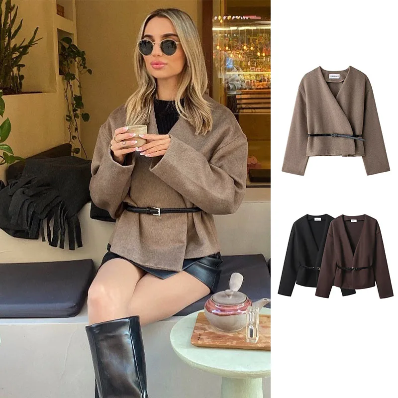 

2025 женская модная куртка на шнуровке с v-образным вырезом, коричневая однотонная винтажная тонкая укороченная куртка, женская осенняя уличная верхняя одежда