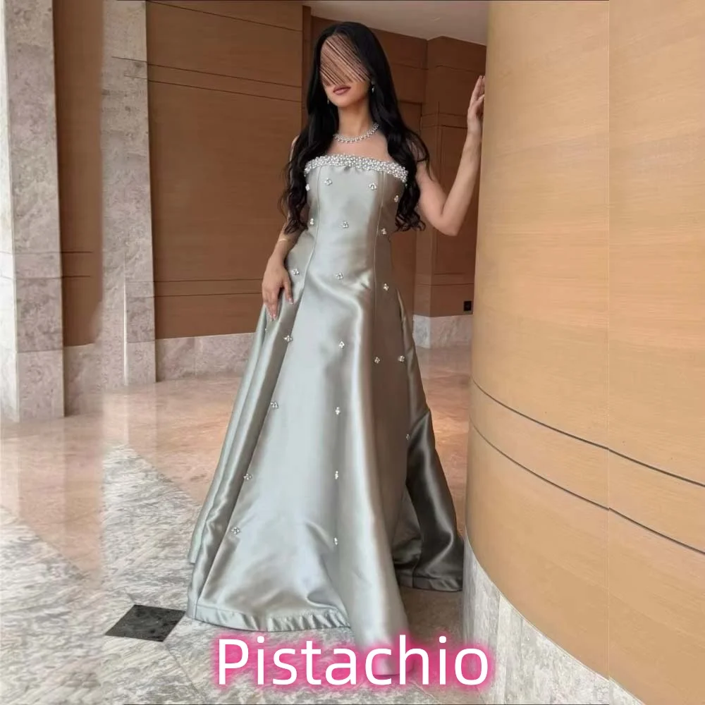 

Customized Exquisite Strapless Prom Dress Sleeveless Charming A-line Floor Length Party Dress Sexy Beading Women Evening Gown