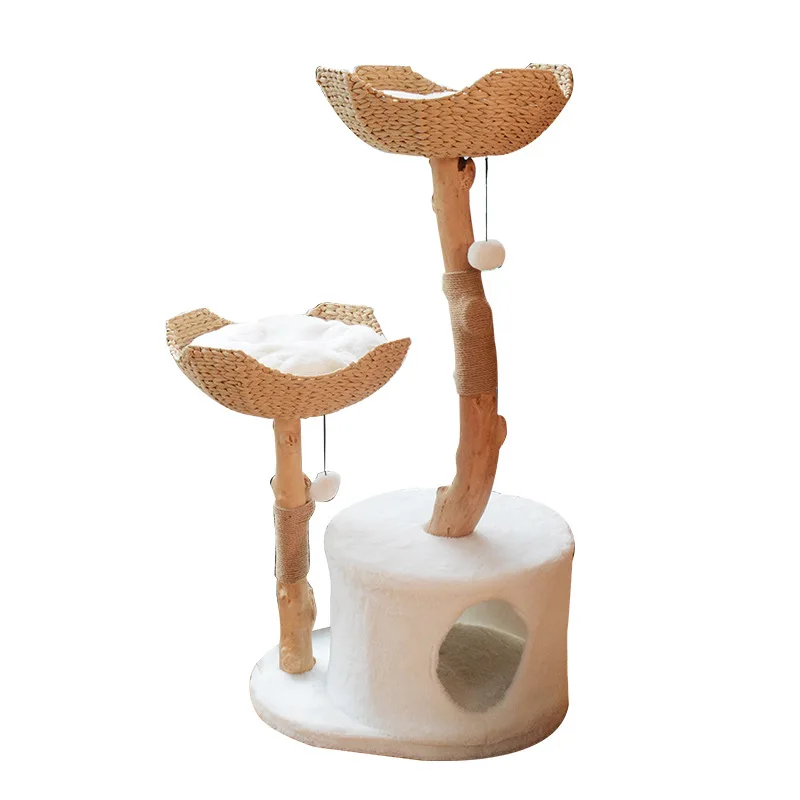 

Luxury Solid Wood Cat Tree with Trunk Integrated Cat House Scratching Post Cat Climbing Tower Deluxe Villa Play Toy