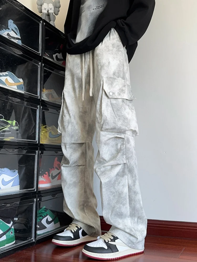 

Мужские брюки American Sle с прямым кроем и складками, рабочие брюки, весна-осень, новые, свободного кроя, с эффектом тай-дай, повседневные брюки