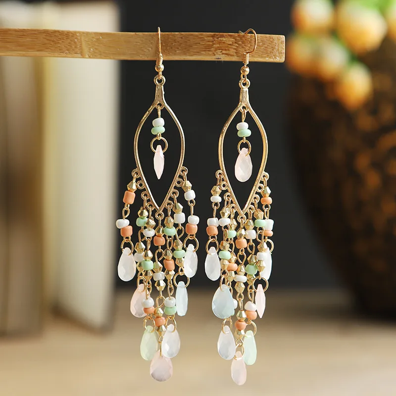 Bohemian Antik Gold Farbe Lange Wasser Tropfen Quaste Ohrringe für Frauen Vintage Bunte Geometrische Tropfen Baumeln Ohrringe Schmuck – Detail 15
