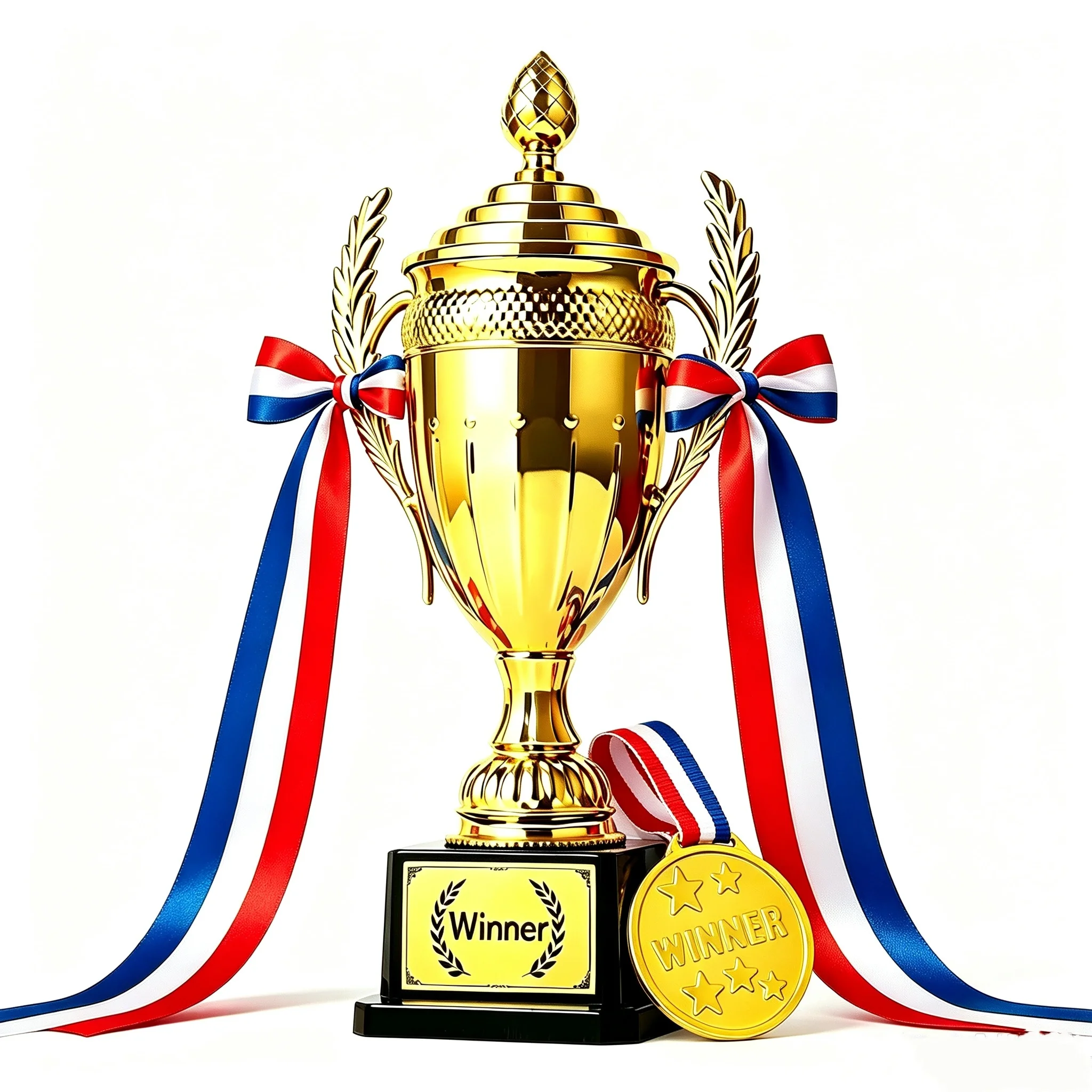 26cm Gold Winner Plastic Trophy & Medal Set,Kids Championship Award Trophy with Red‑White‑Blue Ribbons for Sports Party Gifts