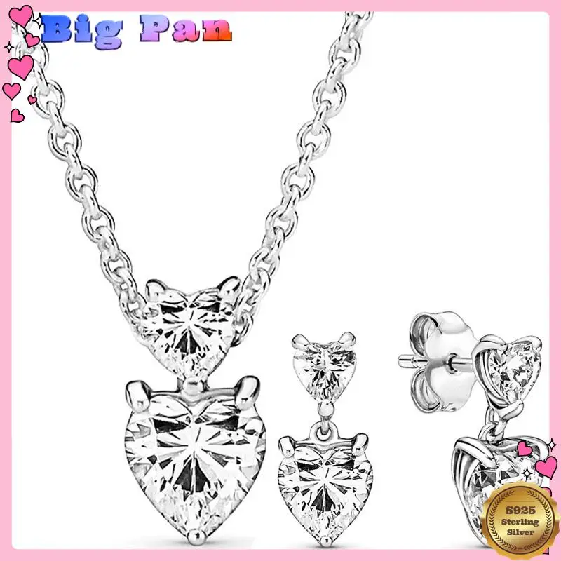 

Authentic S925 Sterling Silver Double Heart Sparkling Hanging Earring Necklace With Crystal For Women Jewelry Set Gift