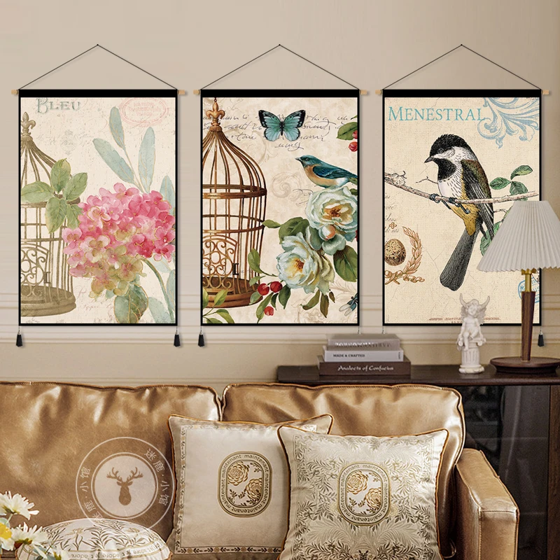 Vintage Living Room Entrance Decor Painting Nordic Dining Room Art Tapestry Bedroom Background Cloth Flowers and Birds Posters